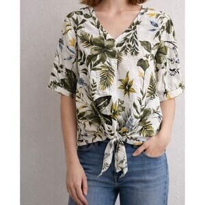 Haver London Floral Tie Front Blouse Medium Linen Blend Cottagecore